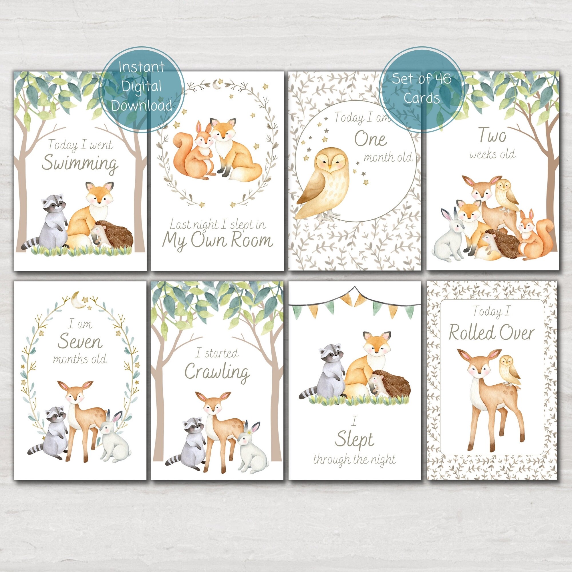 Woodland Animal Baby Milestone Cards, Baby Shower Gift, Baby Keepsake ...