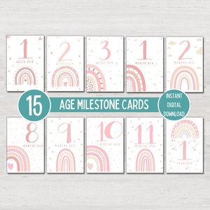 Cartes d'étape mensuelles de bébé pour une petite fille nouveau-née, jalons d'âge de bébé arc-en-ciel rose, cadeau de shower de bébé Hello World, téléchargement numérique instantané