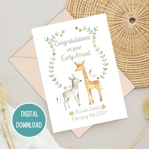 Premature Baby Gefeliciteerd Early Arrival Card, Safari Animal Birth Card, Welkom in de wereld, NICU Milestone, Afdrukbare digitale download