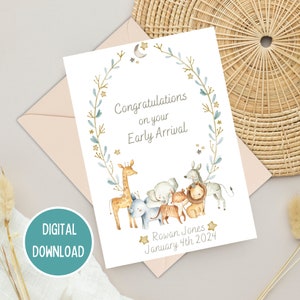 Premature baby gefeliciteerd vroege aankomst kaart, safari dieren geboortekaart, Welcome To The World, NICU mijlpaal, afdrukbare digitale download