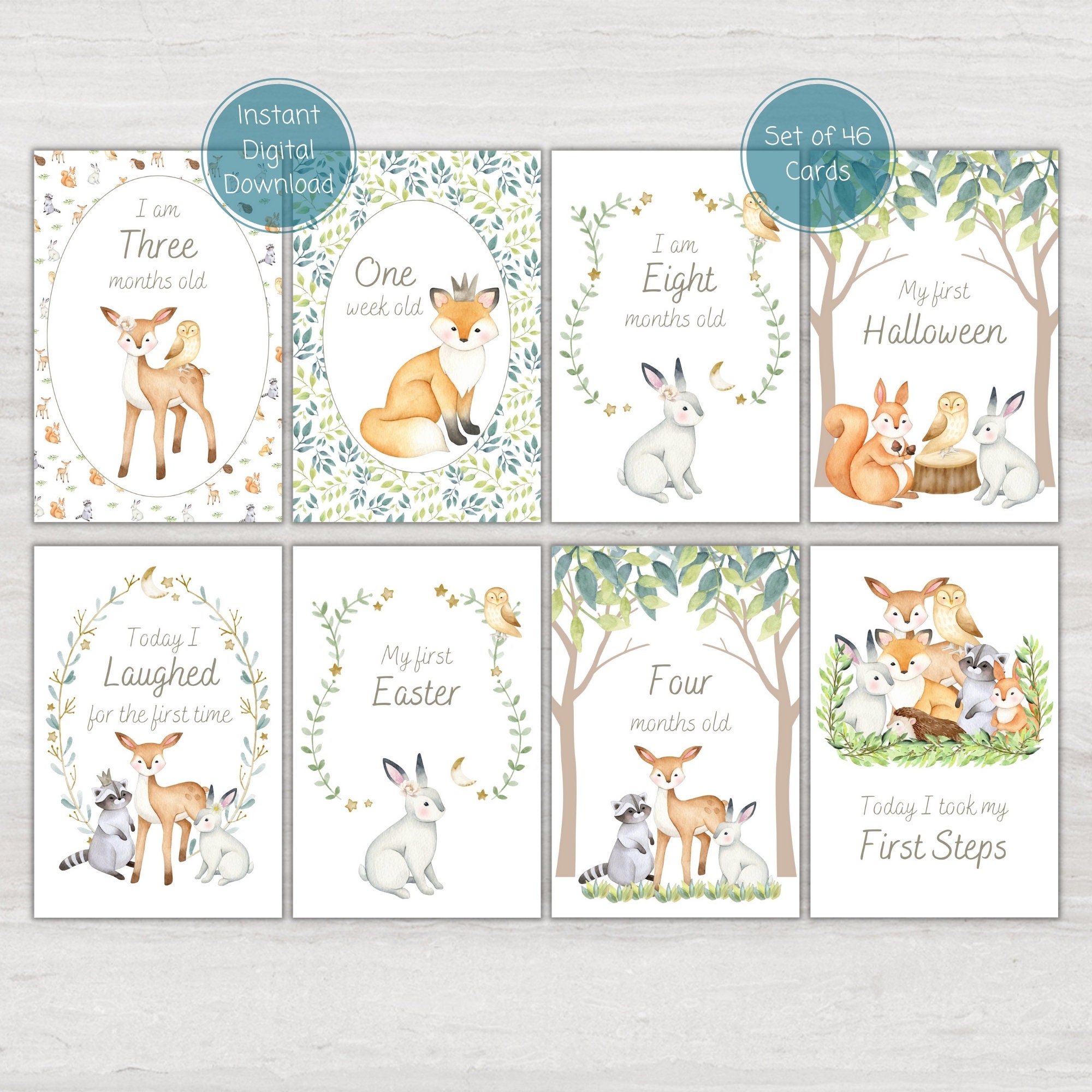 Woodland Animal Baby Milestone Cards, Baby Shower Gift, Baby Keepsake ...