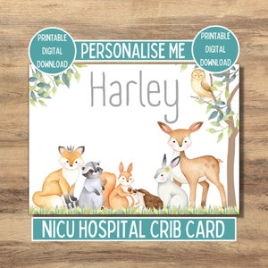 Babynaamkaart voor NICU Incubator, Preemie Isolette, naambord babybedje ziekenhuisbedje, bosdier gepersonaliseerd preemiecadeau, digitale download