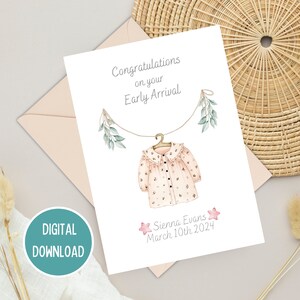 Carte de félicitations d'arrivée anticipée pour bébé prématuré, carte de bienvenue rose vintage, étape importante de l'USIN, téléchargement numérique imprimable