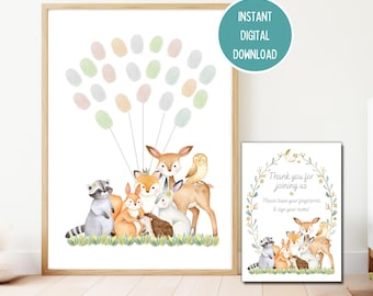Woodland Animal Fingerprint Balloon Guestbook: Baby Shower Keepsake (Instant Digital Download)