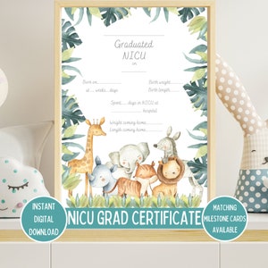Certificat d'études supérieures de l'USIN Safari Animal, diplômé de l'USIN, étape importante de l'USIN pour bébé prématuré, accessoire photo pour bébé, téléchargement numérique imprimable instantané