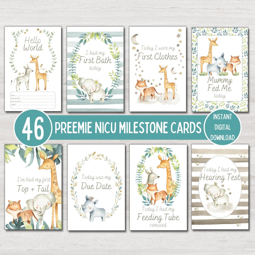Safari Animal Preemie Baby NICU Milestone Cards, Baby Photo Prop, Baby ...
