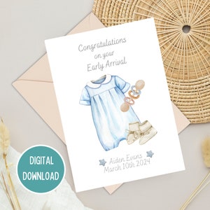 Carte de félicitations d'arrivée anticipée pour bébé prématuré, carte bleue vintage de bienvenue dans le monde, étape importante de l'USIN, téléchargement numérique imprimable