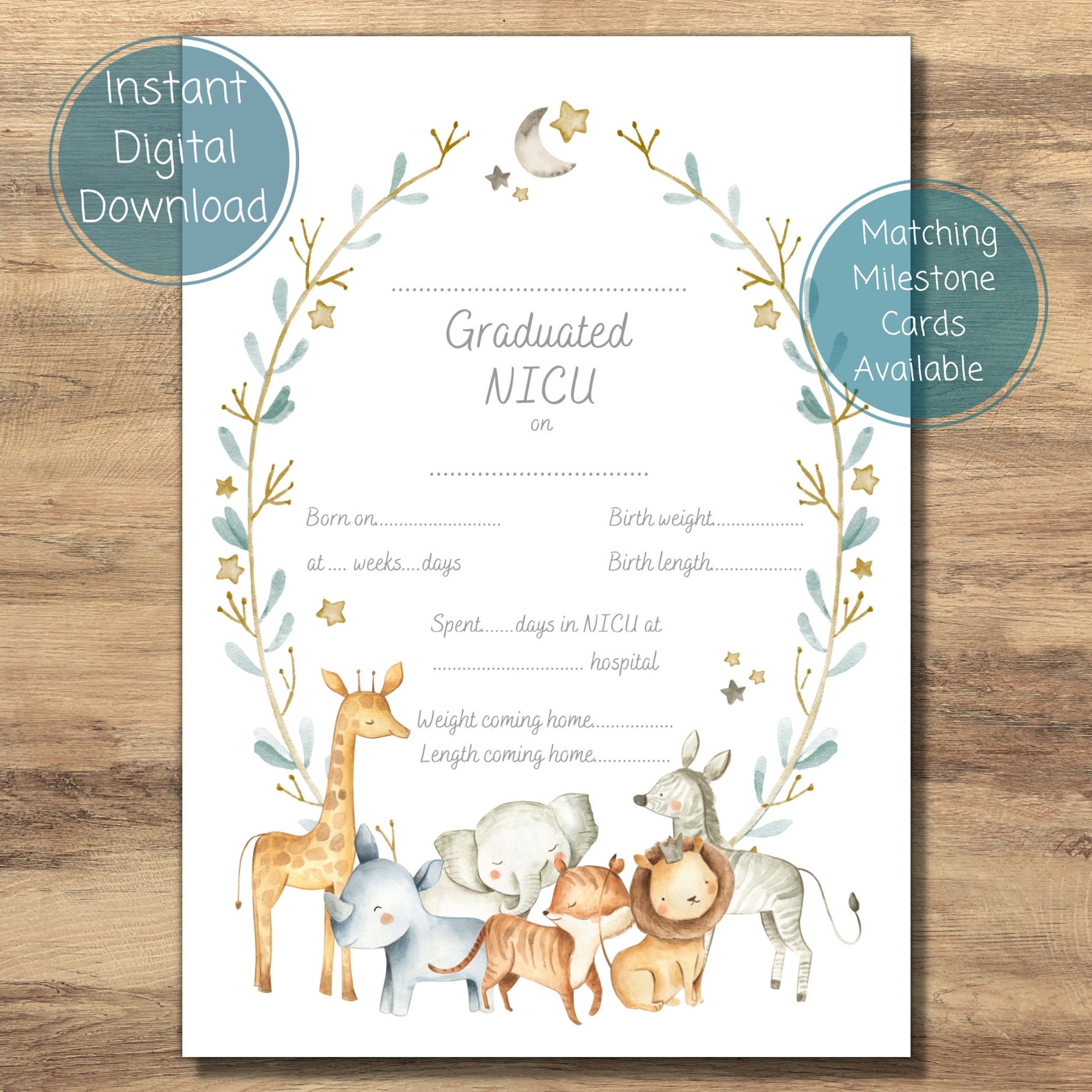 Safari Animal NICU Graduate Certificate, NICU Grad, Preemie Baby NICU ...