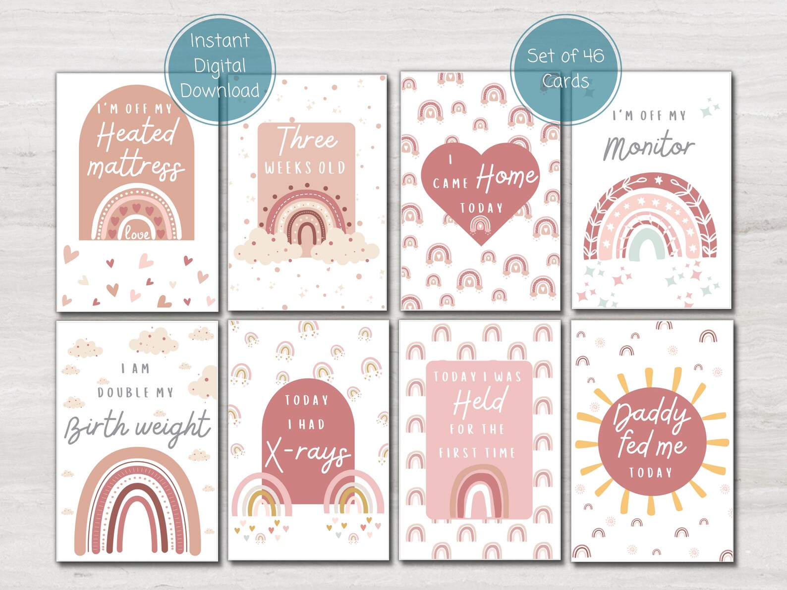 Preemie Baby NICU Milestone Cards, Pink Boho Rainbow, Baby Photo Prop ...