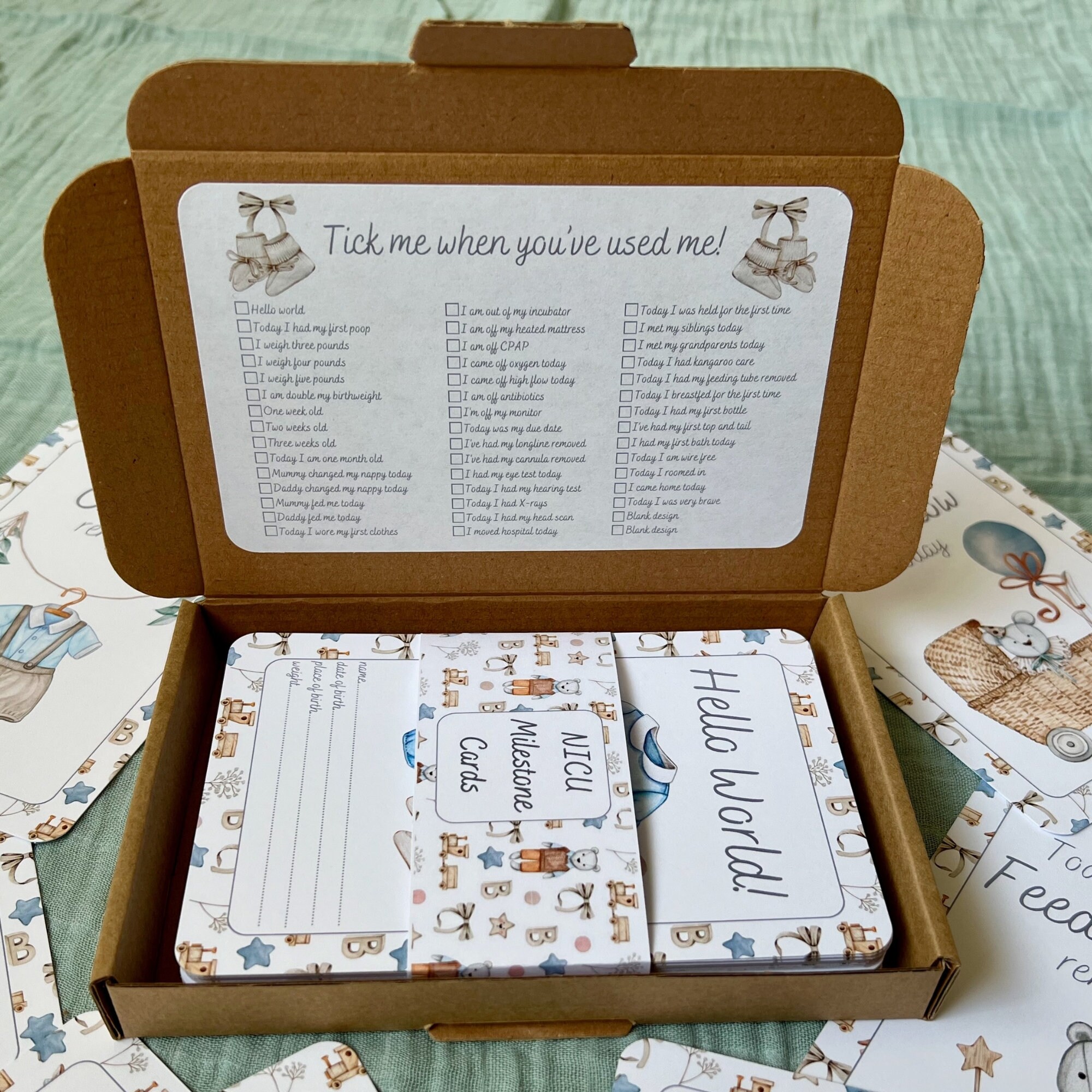 Vintage Blue NICU Baby Milestone Cards in A Personalised Keepsake Gift ...