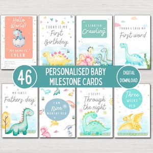 Tarjetas de hitos de dinosaurios para bebés, regalo personalizado para baby shower, tarjetas para el mes del bebé, tarjetas de recuerdo para bebés, hitos de la UCIN, descarga digital imprimible