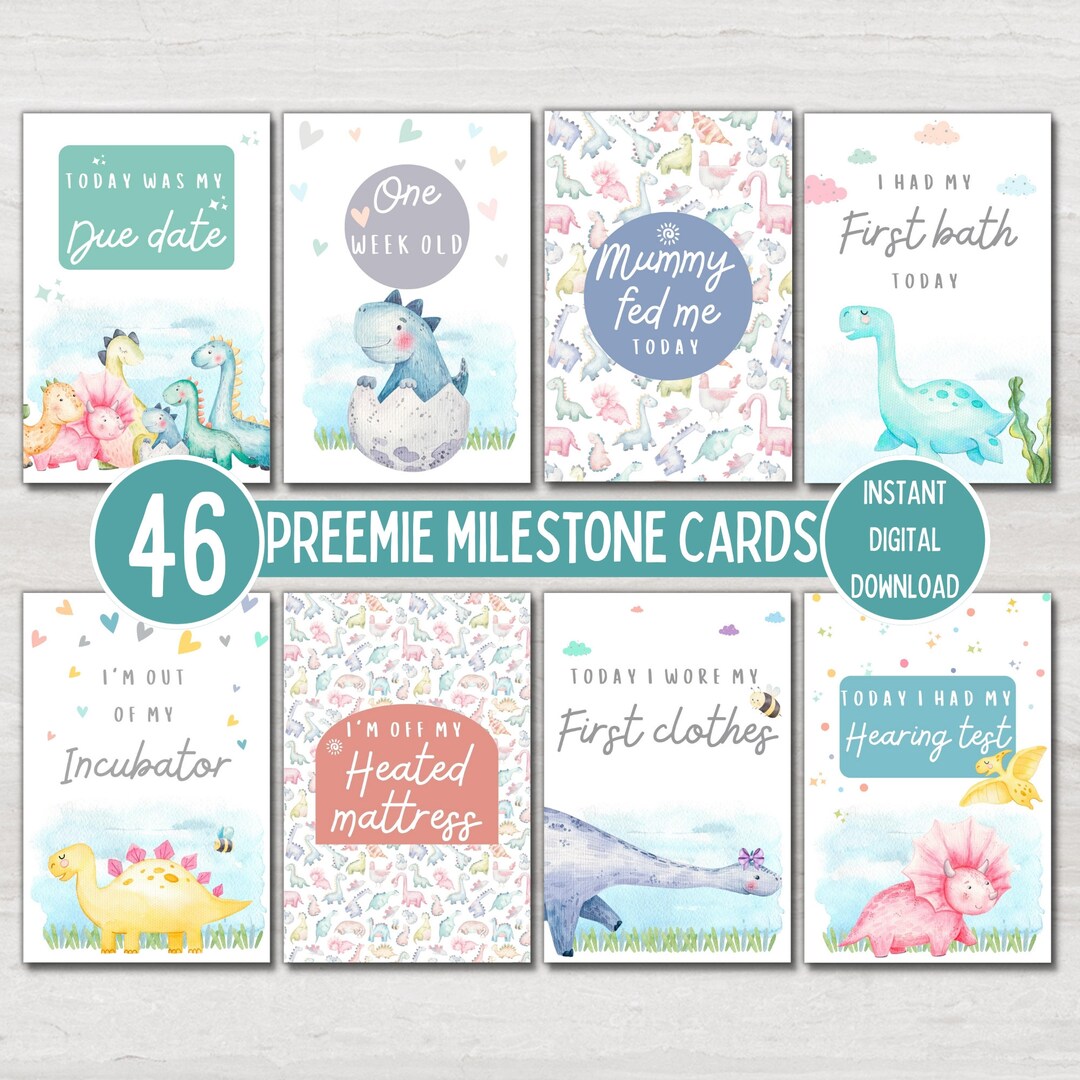 Preemie Baby NICU Milestone Cards, Dinosaur Theme, Baby Photo Prop ...