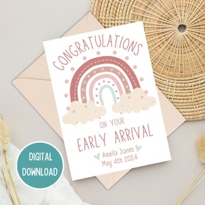 Prematuur meisje gefeliciteerd vroege aankomst kaart, regenboog geboortekaart, Welcome To The World, NICU mijlpaal, afdrukbare digitale download