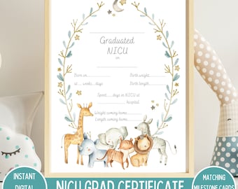 Safari Animal NICU Graduate Certificate, NICU Grad, Preemie Baby NICU Milestone, Baby Photo Prop, Instant Printable Digital Download