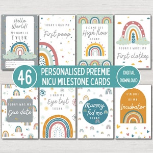 Cartes personnalisées d'étape importante de l'USIN pour bébé prématuré, infirmière de l'USIN, accessoire photo pour bébé, cartes d'étape souvenir arc-en-ciel, imprimable en téléchargement numérique