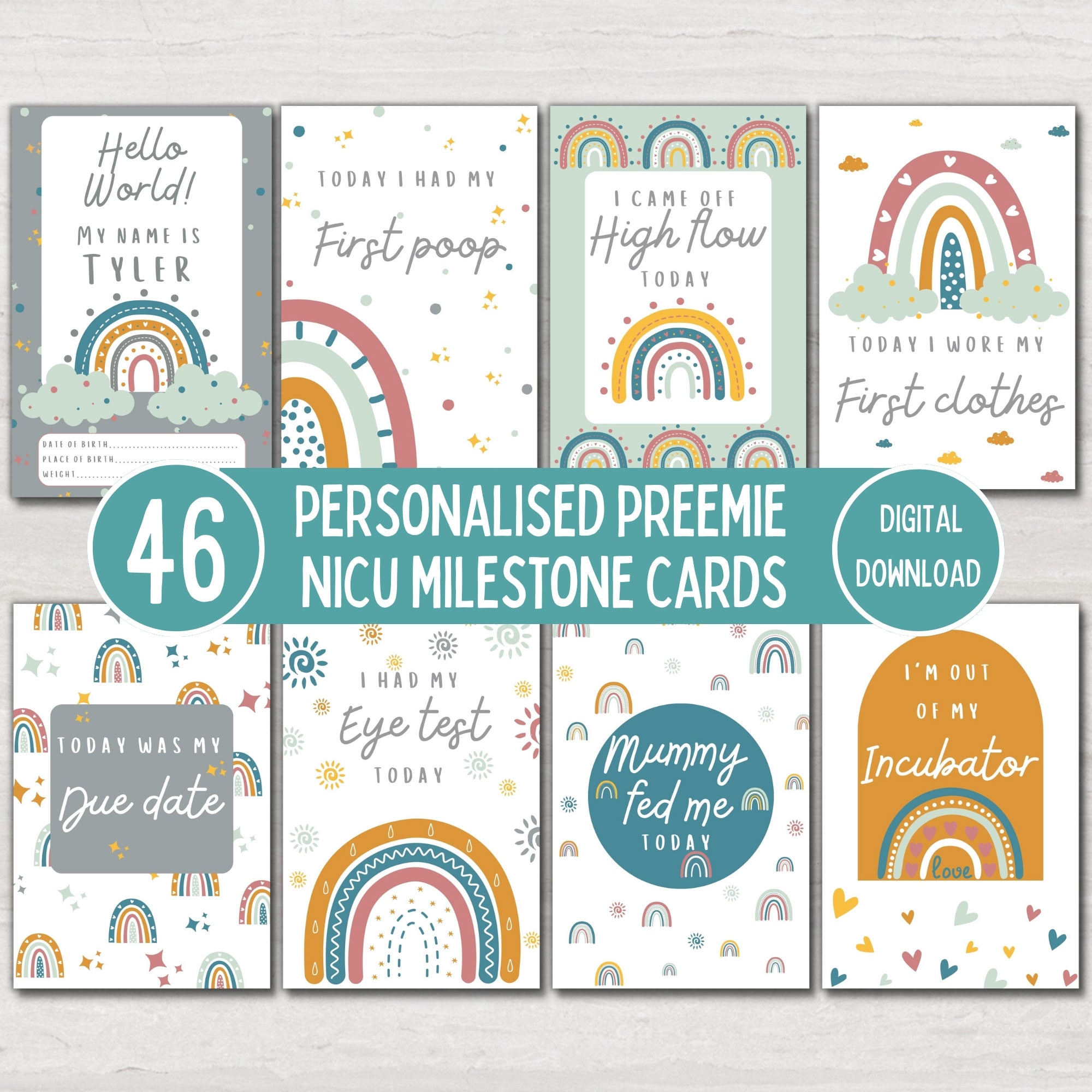Personalised Preemie Baby Milestone Cards: Rainbow NICU Keepsake ...