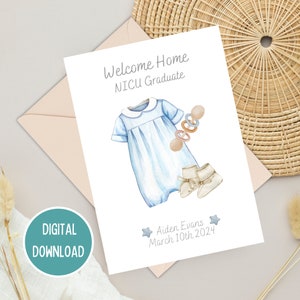 Welcome Home NICU Graduate, gepersonaliseerde vintage blauwe felicitatiekaart voor te vroeg geboren babyjongen, NICU-mijlpaal, afdrukbare digitale download