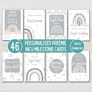 Cartes personnalisées d'étape importante de l'USIN pour bébé prématuré, arc-en-ciel bohème gris neutre, infirmière de l'USIN, accessoire photo bébé unisexe, imprimable en téléchargement numérique