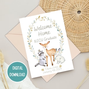 Welcome Home NICU Graduate, gepersonaliseerde bosdier gefeliciteerd kaart voor premature baby, NICU mijlpaal, afdrukbare digitale download