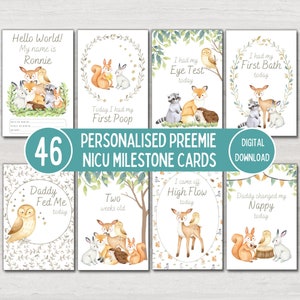 Cartes personnalisées d'étape importante de l'USIN, bébé prématuré, infirmière de l'USIN, cartes souvenir animaux de la forêt, téléchargement numérique imprimable