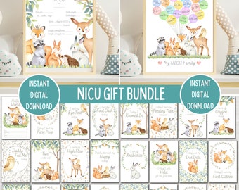 NICU Milestone Gift Bundle, Woodland Animal Preemie Baby Milestone Cards, NICU Graduate Certificate, NICU My Family Print, Afdrukbare download