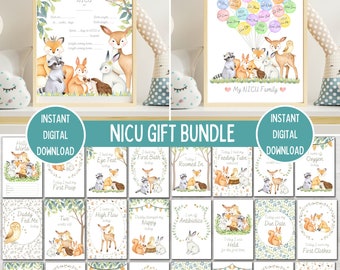 NICU Milestone Gift Bundle, Woodland Animal Preemie Baby Milestone Cards, NICU Graduate Certificate, NICU My Family Print,Printable Download