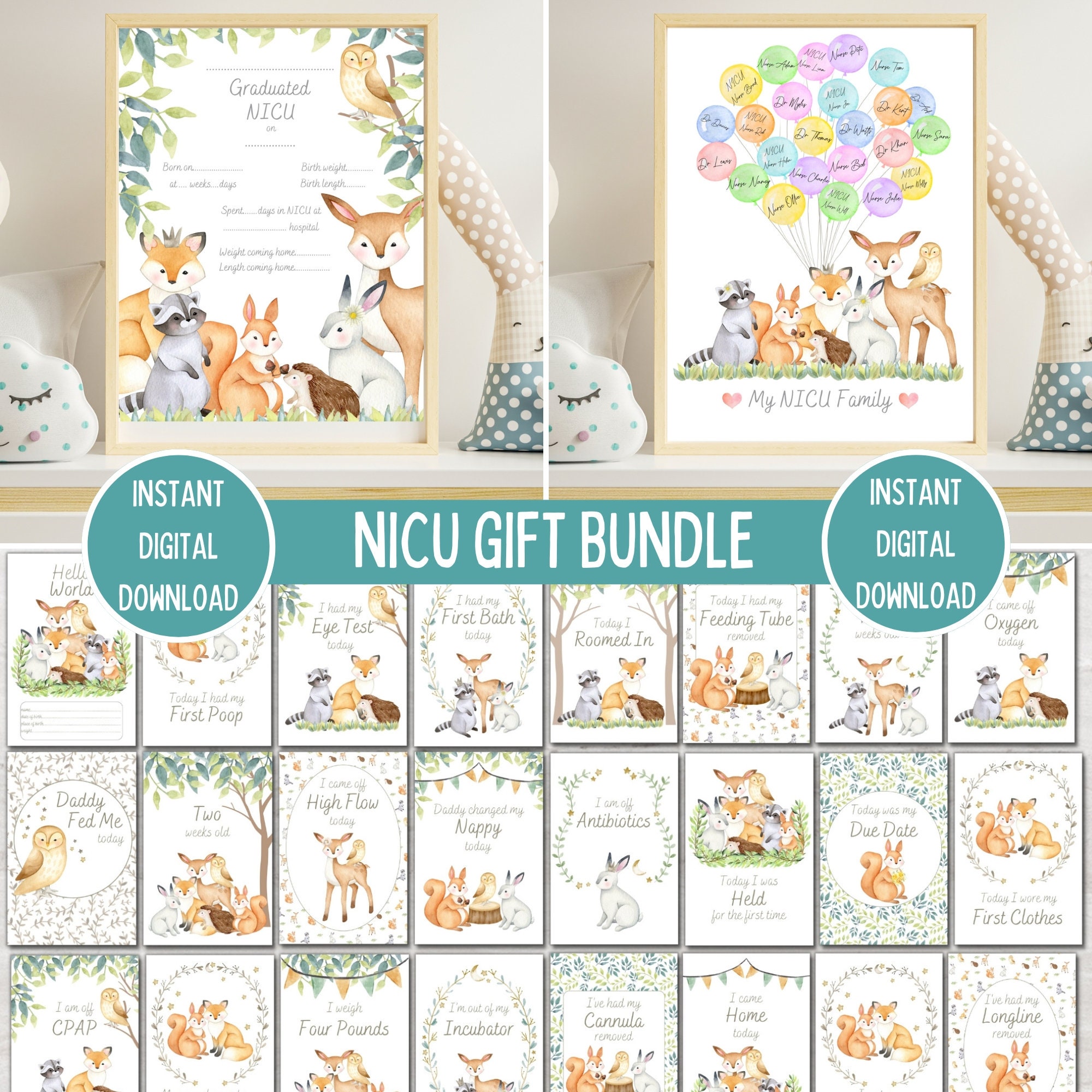 NICU Milestone Gift Bundle, Woodland Animal Preemie Baby Milestone ...