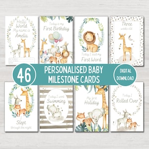 Cartes d'étape personnalisées pour bébé animal de safari, cadeau de baby shower, cartes souvenir de bébé, étapes importantes de l'USIN, téléchargement numérique imprimable