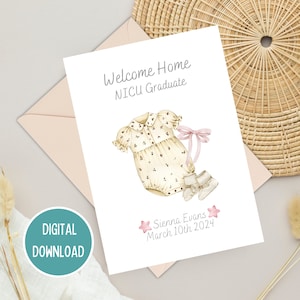Diplômé de l'USIN Bienvenue chez vous, carte de félicitations rose vintage personnalisée pour petite fille prématurée, étape importante de l'USIN, téléchargement numérique imprimable
