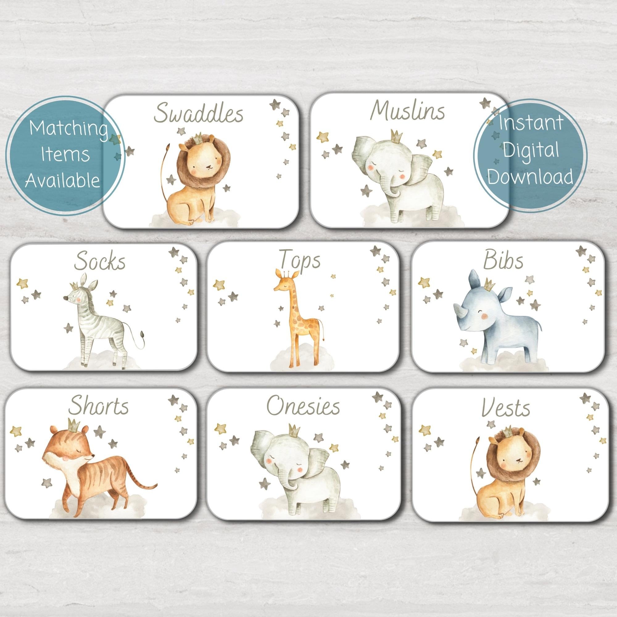 Safari Animal Nursery Drawer Labels: Baby Clothes Organisation (Digital Download)