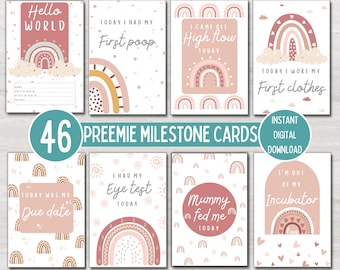 Preemie Baby NICU Milestone Cards, Pink Boho Rainbow, Baby Photo Prop, Keepsake Cards, Instant Printable Digital Download, NON EDITABLE