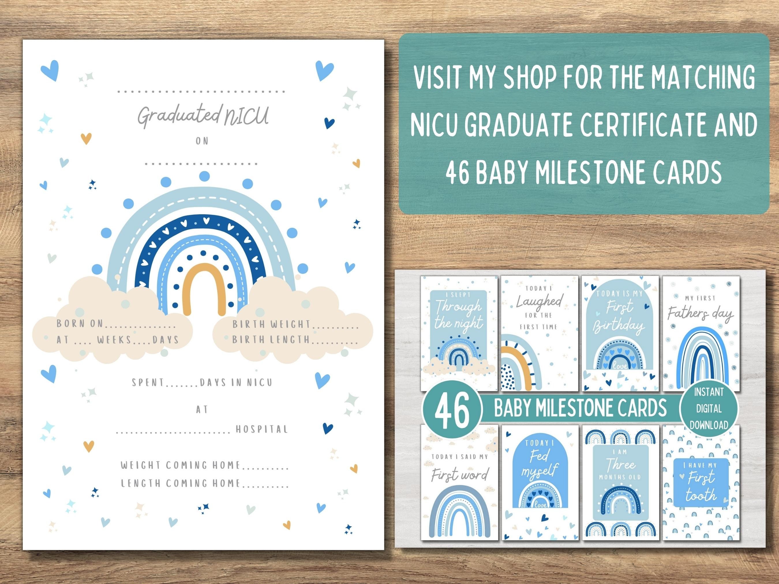 Preemie Baby NICU Milestone Cards, Blue Boho Rainbow, Baby Photo Prop ...