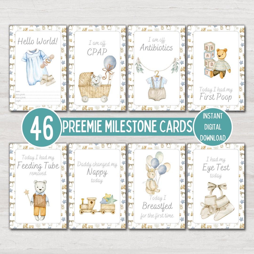 Preemie Baby NICU Milestone Cards, Premature Boy Vintage Blue, Baby ...