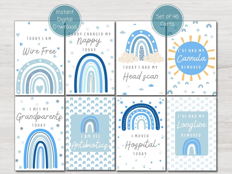 Preemie Baby NICU Milestone Cards, Blue Boho Rainbow, Baby Photo Prop ...