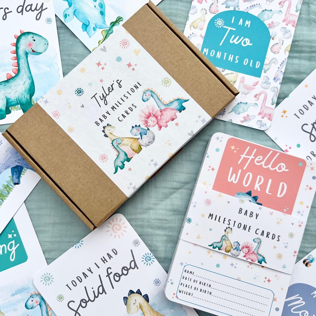 Dinosaur Baby Milestone Cards in A Personalised Keepsake Gift Box, Baby ...