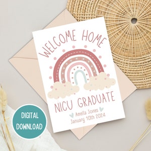 Bienvenue chez vous, diplômé de l'USIN, carte personnalisée de félicitations arc-en-ciel rose pour petite fille prématurée, étape importante de l'USIN, téléchargement numérique imprimable