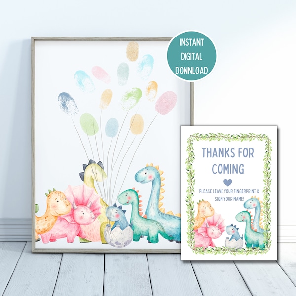 Dinosaur Baby Shower Fingerprint Guestbook Alternative,Balloon Fingerprint Tree Sign Baby Shower Keepsake,Instant Printable Digital Download