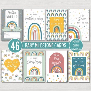 Cartes d'étapes bébé arc-en-ciel, cadeau de baby shower, cartes souvenirs de bébé, étapes importantes de l'USIN, téléchargement numérique imprimable instantané, NON MODIFIABLE