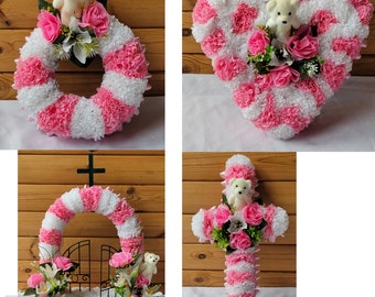 Pink Silk Funeral Wreath With Teddy Bear – 10" Memorial Flower Ring For Granddaughter