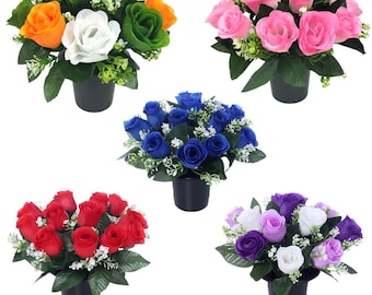 Memorial Grave Cemetery Pots Artificial Flowers Rosebuds With Gyp