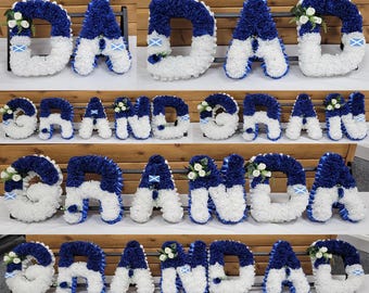 Scottish Theme Funeral Flowers Artificial Tribute Wreath Silk Grave Memorial Letters or Any 2, 3, 4, 5, 6, 7 or 8 Letter Name