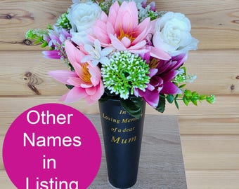Grave Vase Spike Cemetery Flowers Artificial Dad Mum Grandad Dahlia Rose Cerise
