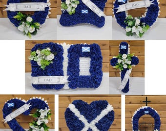 Scottish Funeral Flowers Artificial Tribute Wreath Memorial Dad Grandad Heart Cross Flag Horse Shoe Pillow