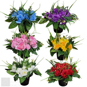 May include: Five artificial flower arrangements in black pots. The arrangements feature different coloured roses: blue, pink, yellow, white, and red.