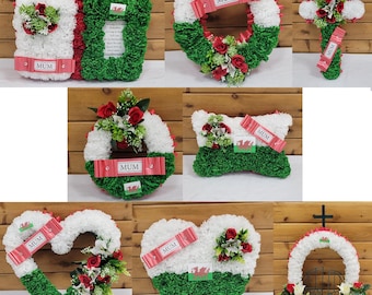 Welsh Funeral Flowers Artificial Tribute Wreath Memorial Dad Grandad Heart Cross Flag Horse Shoe Pillow