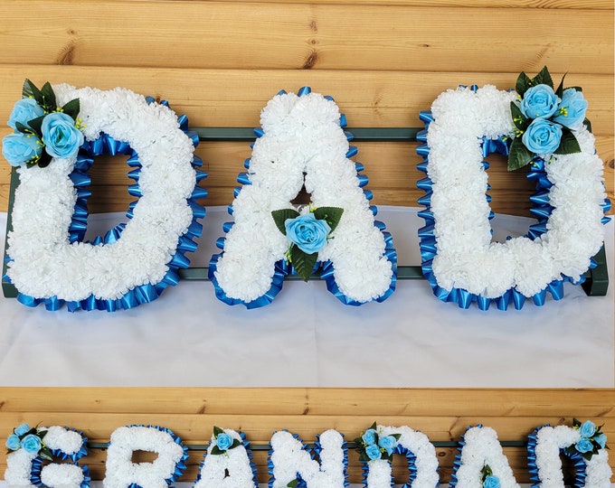 Artificial Silk Funeral Tribute Wreath - Personalised 'GRANDAD DAD' Heart Shape - UK Made