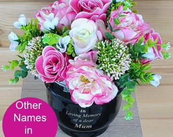 Grave Pot Cemetery Flowers Artificial Dad Mum Wife Grandad Rose and Peony Metal Pot