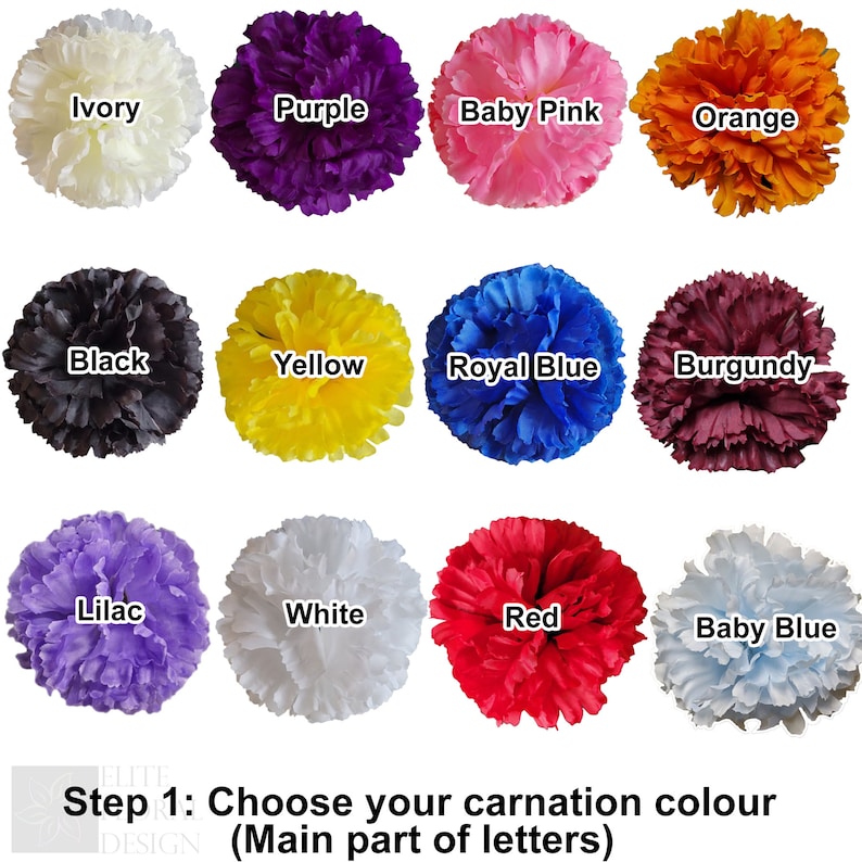 May include: A selection of 12 carnations in various colours, including ivory, purple, baby pink, orange, black, yellow, royal blue, burgundy, lilac, white, red, and baby blue. Step 1: Choose your carnation colour (Main part of letters).