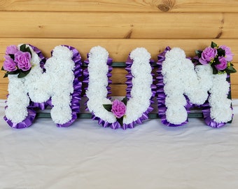 MUM Funeral Flowers Artificial Tribute Wreath Silk Grave Memorial Letters or Any 3 Letter Name