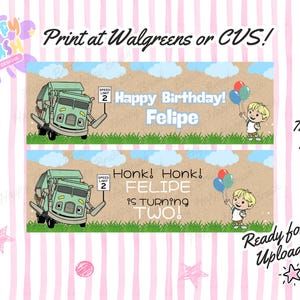 Może przedstawiać: Baner z kreskówkowym śmieciarką i tekstami "Happy Birthday! Felipe" i "Honk! Honk! Felipe is turning TWO!" Baner ma wymiary 183x61 cm i jest gotowy do przesłania.